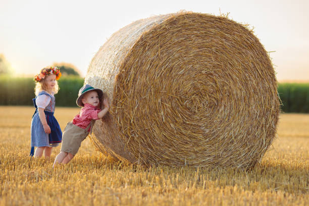 Child in wheat field with bread and pretzel. Beer Fest time in Germany. Kids in traditional German dirndl dress and leather pants in autumn harvest crop field.
