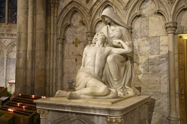 Historic sculpture in 19th century neo-gothic church St Patrick's cathedral in New York City, Picture made on 7/7/2023