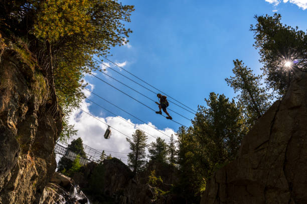 istock Hiker crossing iron bridge during on via ferrata, Italy 2167201689