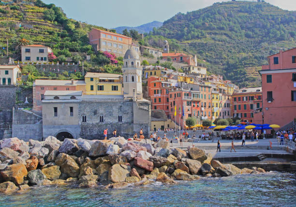 Vernazza, Italy - October 03, 2009: Bunch of Tourists at Vernazza Town Cinque Terre Liguria Coast Sunny Autumn Day Travel.
