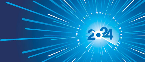 istock We wish you a Happy New Year 2024. Blue white type typography blue background. high warp speed space with speedometer shape needle moving to the year number 2024. 2024 start greeting card 2167202709