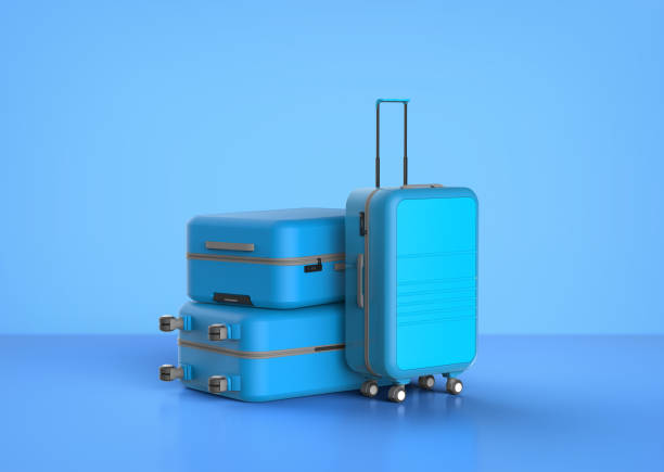 3d rendering heap of blue luggages on blue background