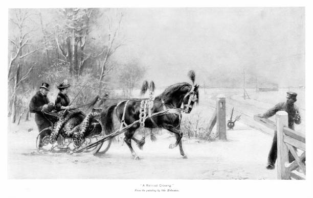 istock Horsedrawn Carriage Stops as Railroad Crossing during Winter 2167206419