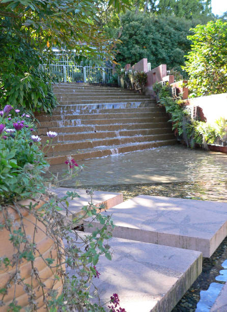 istock Water flowing down steps garden feature surrounded by plants 2167206524