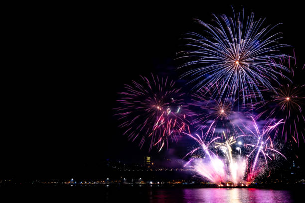 Fireworks over St. Lawrence River in Quebec City view From Levis, Quebec, Canada