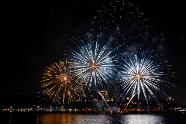 Fireworks over St. Lawrence River in Quebec City view From Levis, Quebec, Canada