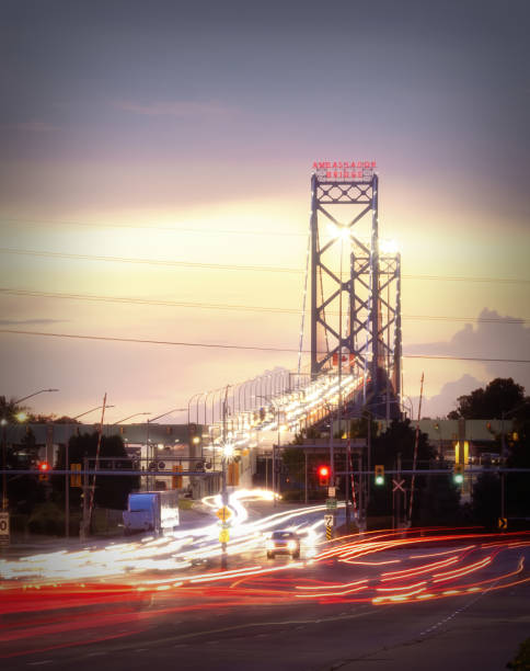 Montreal city skyline and Jacques-Cartier bridge at sunset, Quebec, Canada