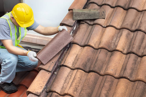 istock Worker fixing eaves and tiles of the old roof. 2167217177