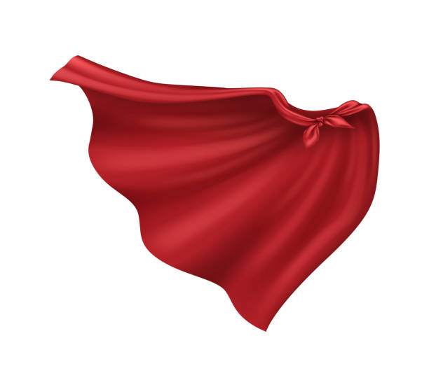Flattering red satin hero cape realistic vector illustration Complimenting ruddy glossy silk legend cape reasonable vector illustration. Courageous defender uniform extra tied on shoulders 3d protest on white foundation red clothing stock illustrations