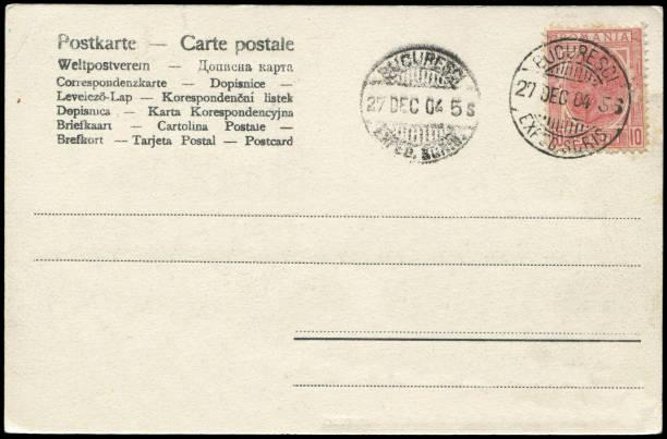 istock a vintage blank postcard sent from Bucharest, Romania in 1900s,  ready for any usage related to mail delievery description of  historic events background. 2167218665