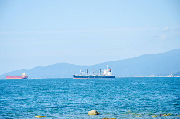 Ships in the approaching a seaport with moutains in the background