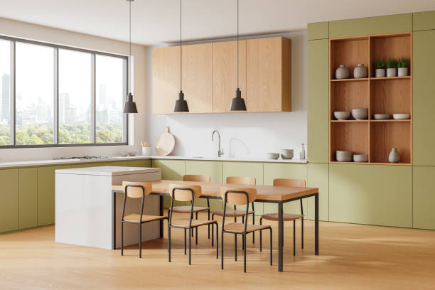 istock Green home kitchen interior with eating table, bar counter and panoramic window 2167229713