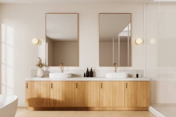 istock Elegant home bathroom interior with double sink and vanity with accessories 2167229833
