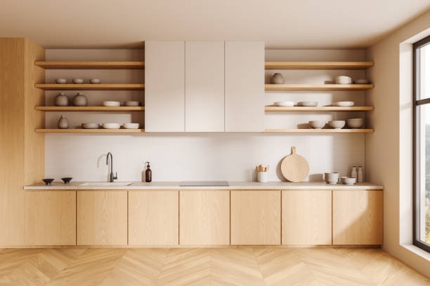 istock Wooden home kitchen interior with cooking cabinet and panoramic window 2167229907