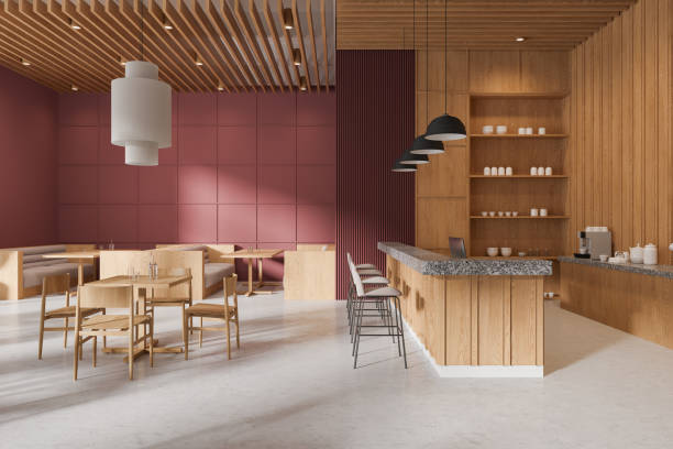 istock Colored cafe interior with bar island and dining tables with chairs in row 2167229951