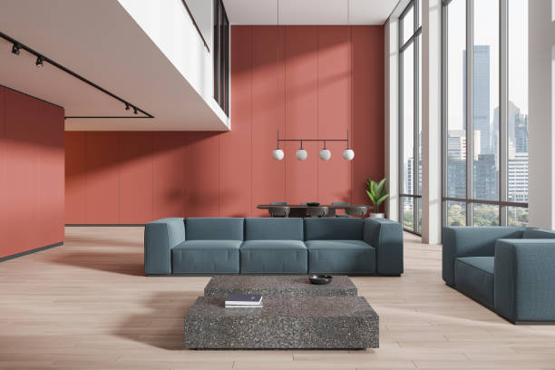 istock Colored home living room interior with relaxing and dining zone, window 2167229967