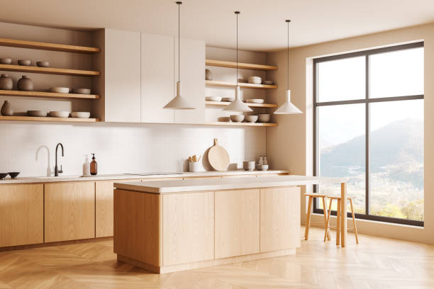 istock Wooden home kitchen interior with bar counter and panoramic window 2167230048