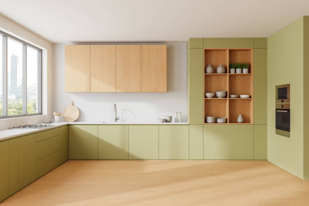 istock Home kitchen interior with cooking cabinet, shelves and panoramic window 2167230779