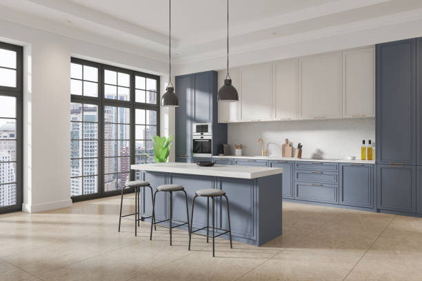 istock Modern Kitchen with Blue Cabinets and City View. 3D Rendering 2167230894
