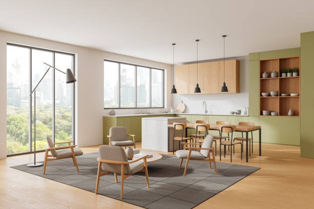 istock Green home studio interior with relaxing and cooking space, panoramic window 2167230946