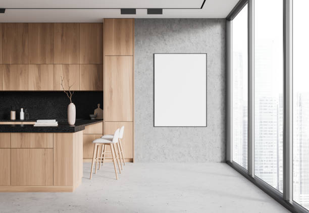 istock Light home kitchen interior with bar island and cabinet, window. Mock up poster 2167231046