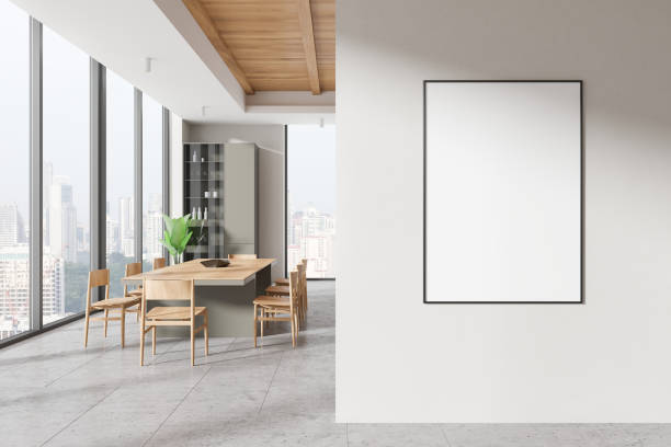 istock Modern home living room interior with eating table and window, mockup frame 2167231124
