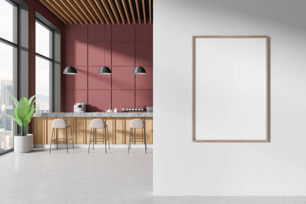 istock Colored cafe interior with bar island and coffee machine, window. Mockup frame 2167231275