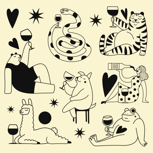 Vector illustration with animals and woman drinking wine. Celebration party typography print set, greeting card templates, apparel print designs cartoon of a frog black and white stock illustrations