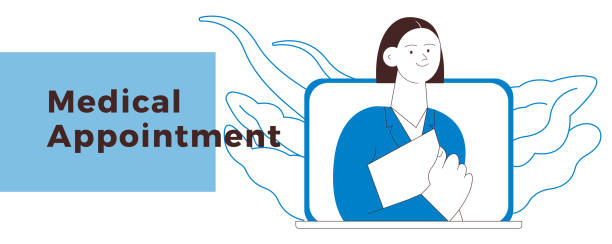 istock Female Medical Specialist on a Screen of Laptop. Black and White Modern Flat Vector Illustration. Medical Appointment Online Through Device Concept. Website Banner. 2167241272