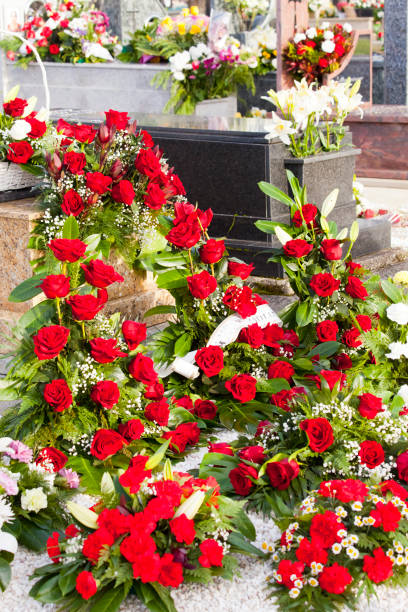 Graveyard, stone tombstones and red carnation flower bouquet. Boisaca cemetery, Santiago de Compostela, Galicia, A Coruña province,  Spain.