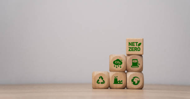 istock Net Zero and Carbon Neutral Emissions Targets, Long-Term Climate Neutrality Strategy with Wooden Blocks and Green Icons 2167247092