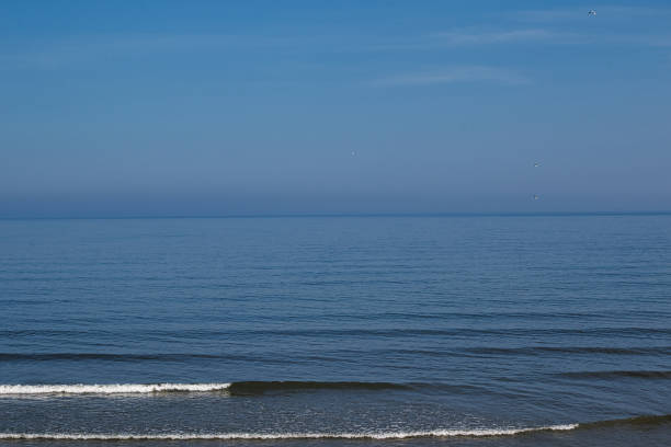 Serene seascape with gentle waves and clear blue sky, ideal for backgrounds and tranquil themes in Filey, England.