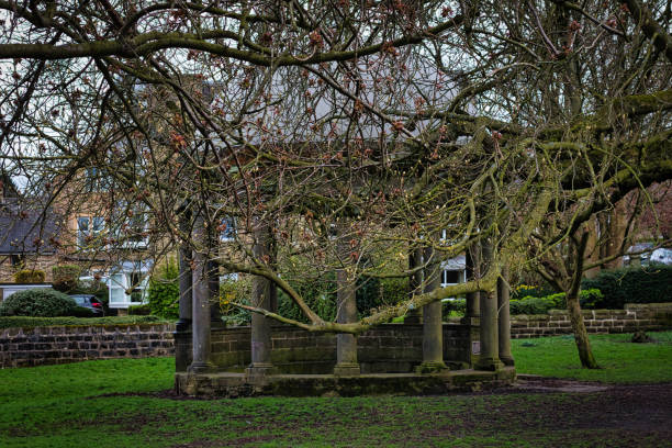 istock Tranquil park scene with bare-branched trees in early spring, showcasing a rustic stone bench beneath, on a carpet of green grass, with residential buildings in the background in Harrogate, North Yorkshire. 2167252280