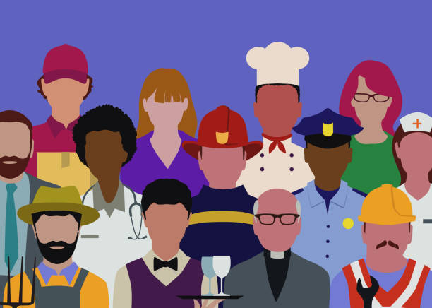 People with Different Occupations Flat line styled various occupations and jobs. Employment and Labor, Essential services, Working, Various Occupations, Occupations, Professional Occupation, Blue-collar worker, Medical occupation, Recruitment, restaurant labor union stock illustrations