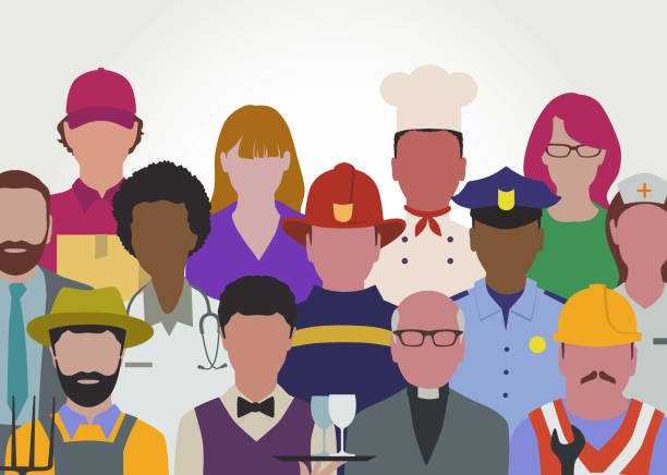 People with Different Occupations Flat line styled various occupations and jobs. Employment and Labor, Essential services, Working, Various Occupations, Occupations, Professional Occupation, Blue-collar worker, Medical occupation, Recruitment, restaurant labor union stock illustrations