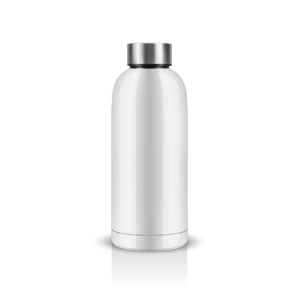 istock Vector Realistic 3D White Blank Glossy Reusable Water Bottle with Silver Bung Closeup Isolated. Design Template of Packaging Mockup. Front View 2167254771