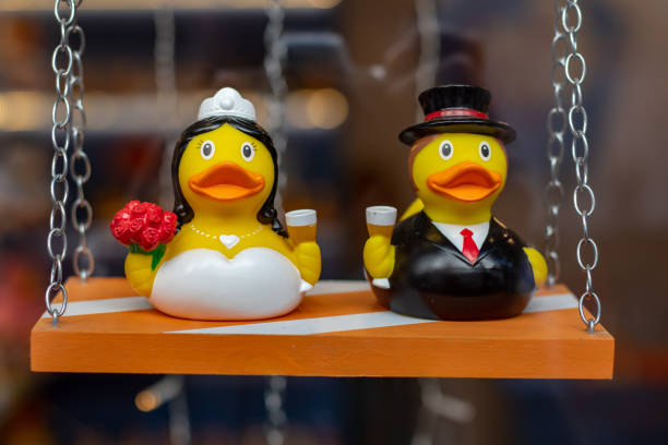 Bride and groom rubber ducks on a swing, wedding concept.