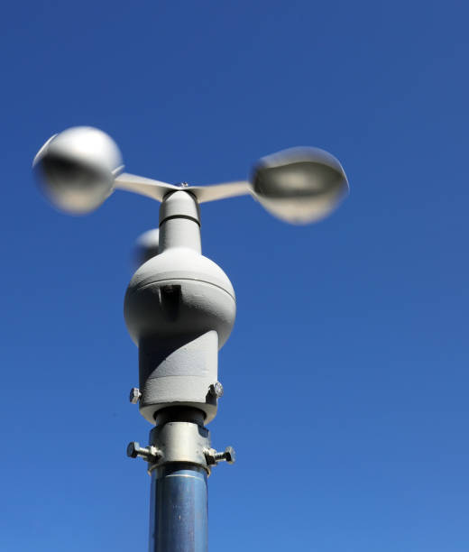 anemometer with three hemispheres for precise measurement of wind speed and the background of blue sky without people modern anemometer with three hemispheres for precise measurement and recording of wind speed and the background of blue sky without people mistral wind stock pictures, royalty-free photos & images