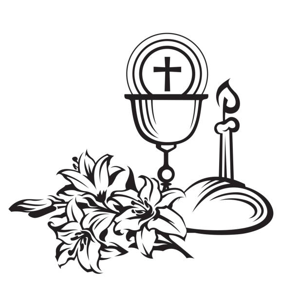 holy communion icon holy communion icon with lily, chalice, candle and bread isolated on white background pics of a cross easter lilies stock illustrations