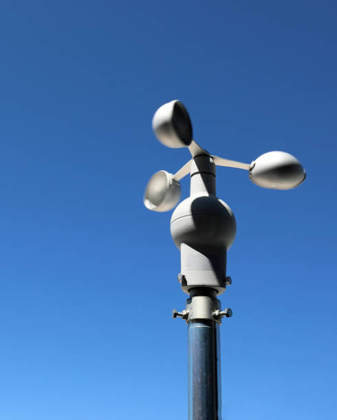 anemometer with hemispheres for precise measurement of wind speed and the background of the blue sky anemometer with three hemispheres for precise measurement and recording of wind speed and the background of the blue sky without people mistral wind stock pictures, royalty-free photos & images