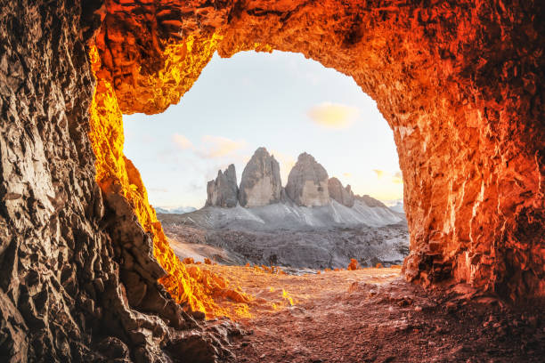 Tre Cime Di Lavaredo peaks in incredible orange sunset light