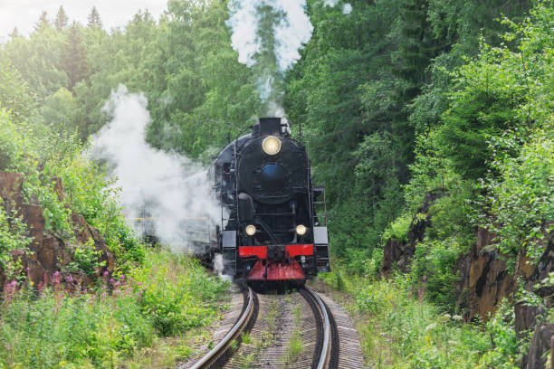 istock Retro steam train moves between the rocks. 2167274411