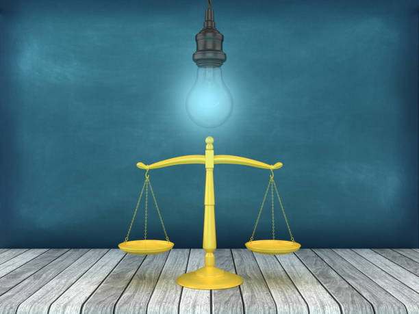 Legal Weight Scale with Light Bulb - Chalkboard Background - 3D Rendering