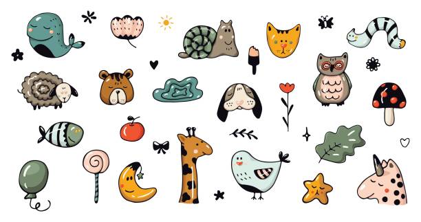 istock Cute children's cartoon animals set. Various animals and icons such as dog, giraffe, bear, fish, worm, sheep, unicorn, birds, clouds, flowers, sweets. Children's funny simple vector illustration. Vector illustration with cute animals. 2167279824