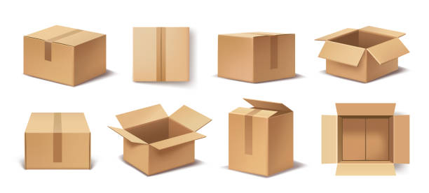istock Set of realistic boxes. Front and top views of closed and open cardboard box mockups. Parcel delivery packaging. Design element for banner. 3D vector illustration collection 2167287426