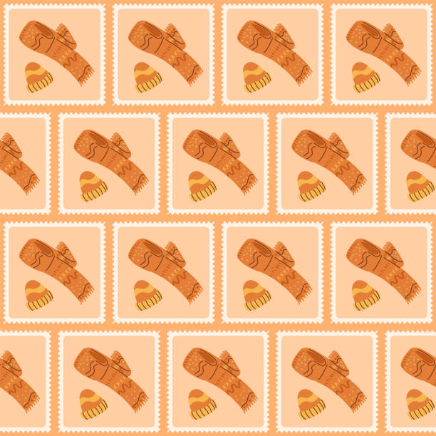 Scarf and beanie checked seamless pattern. Bento box cozy warm repeat background. Scarves and hat retro post stamps endless design. Vector hand drawn illustration. Scarf and beanie checked seamless pattern. Bento box cozy warm repeat background. Scarves and hat retro post stamps endless design. Vector hand drawn flat illustration. chunky sweater stock illustrations