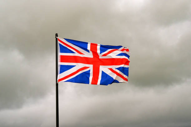 British flag against a blue sky. Vertical.Copy space.