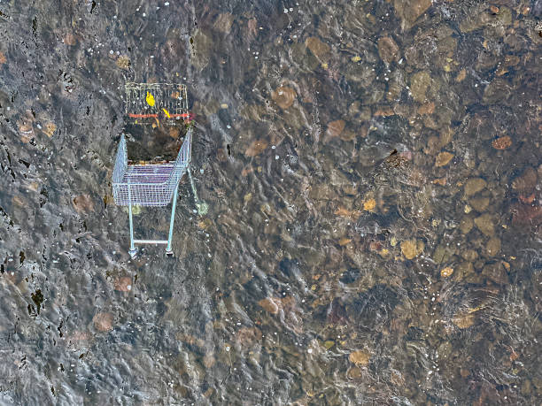 After cleaning the river, River pollution, closeup garbage dump, background with copy space, full frame horizontal composition