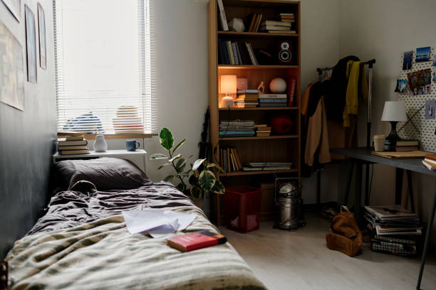 istock Cozy and Organized Bedroom with Bookshelf and Window Light 2167307343