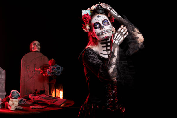 istock Scary lady acting as La Catrina character during ancient Aztec custom 2167312586